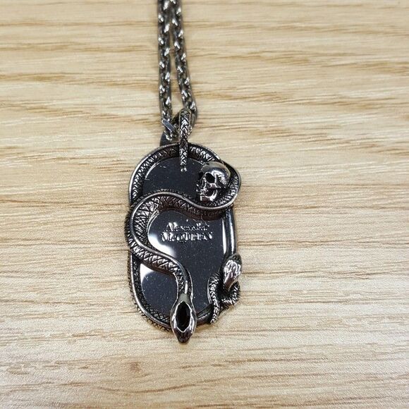 ALEXANDER MCQUEEN Mens Dog Tag Necklace Silver Tone Brass Skull & Snake $590 - Picture 4 of 11
